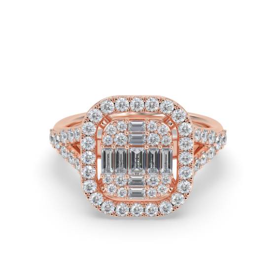 Modern Round and Baguette Diamond Halo Cluster Ring
