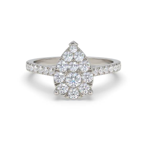 Modern Pear Shaped Round Diamond Halo Cluster Ring