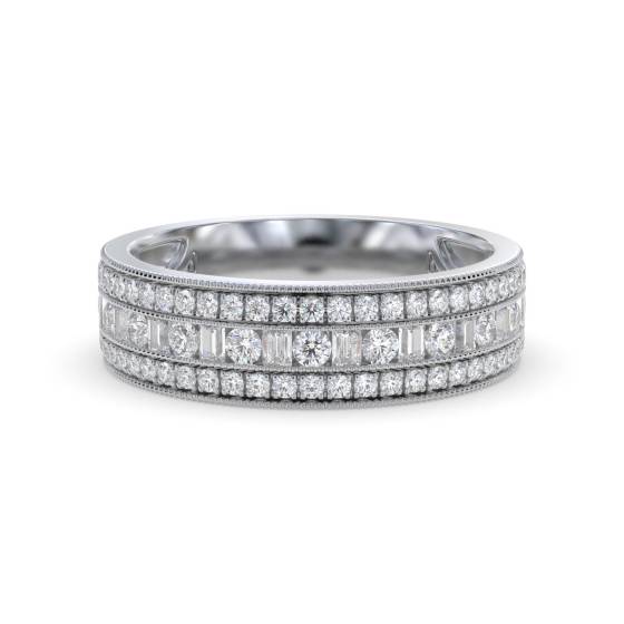 Round and Baguette Diamond Multi Row Dress Ring