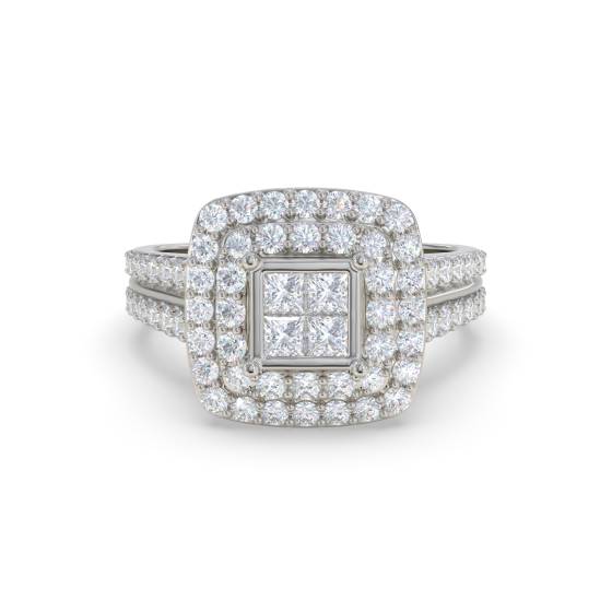 Double Halo Round and Princess Diamond Cluster Shoulder Set Ring