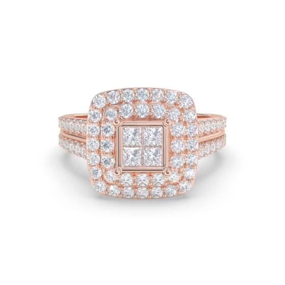 Double Halo Round and Princess Diamond Cluster Shoulder Set Ring