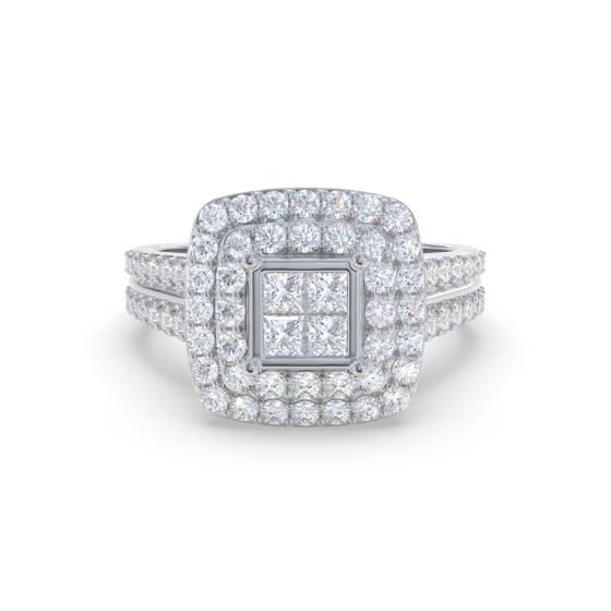 Double Halo Round and Princess Diamond Cluster Shoulder Set Ring