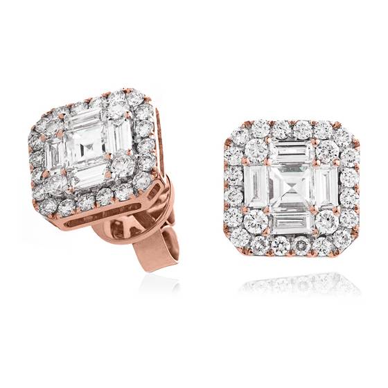 Classic Round and Baguette Diamond Cluster Earrings