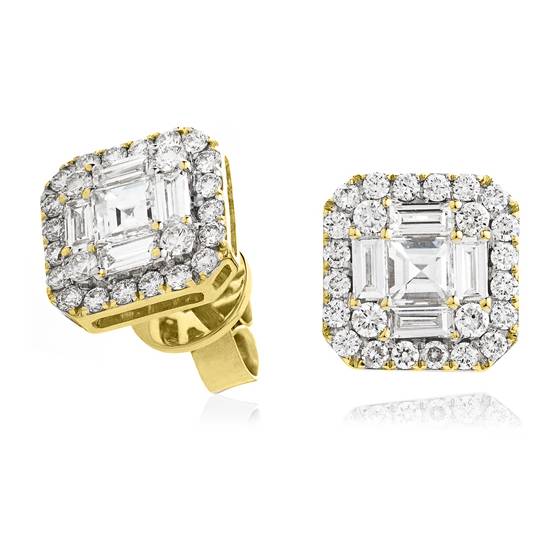 Classic Round and Baguette Diamond Cluster Earrings