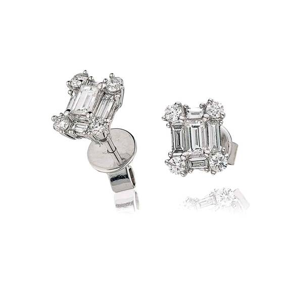 Classic Round and Baguette Diamond Cluster Earrings
