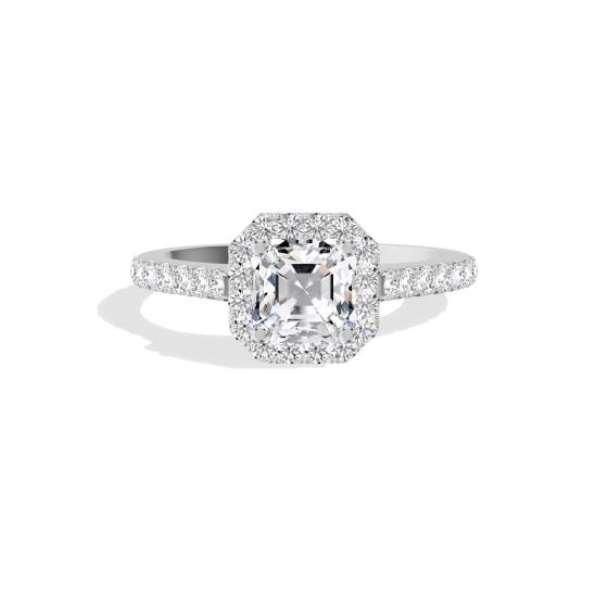 Asscher-Diamant-Ring mit einzelnem Halo und Schulterfassung