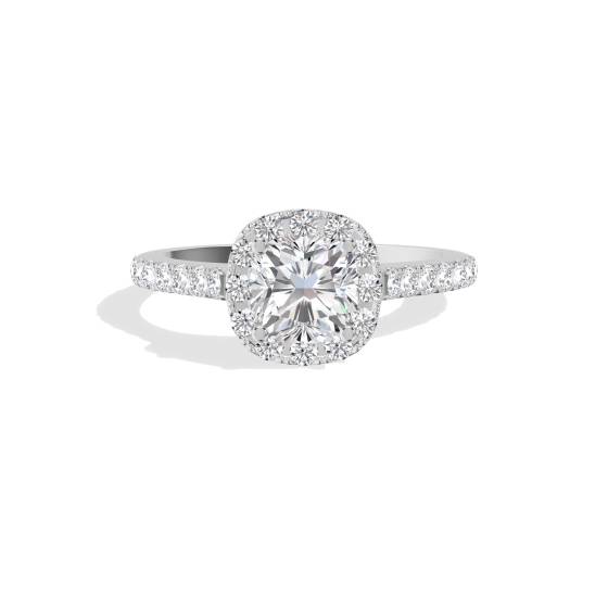 Kissenförmiger Diamantring mit Halo-Schulterfassung