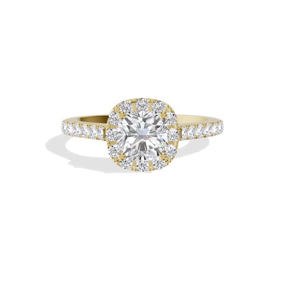 Kissenförmiger Diamantring mit Halo-Schulterfassung