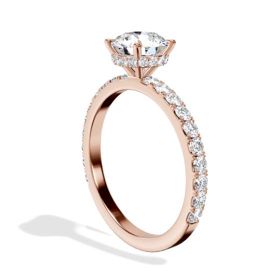 Ring mit rundem Diamanten, tief gefasst, verdecktem Halo und Schulterfassung