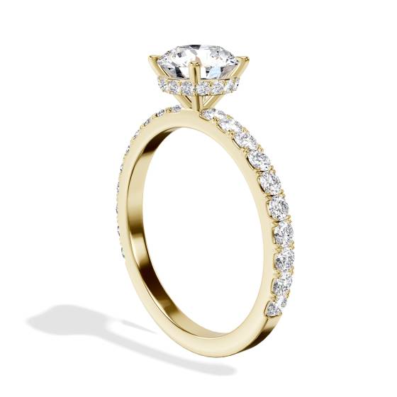 Ring mit rundem Diamanten, tief gefasst, verdecktem Halo und Schulterfassung