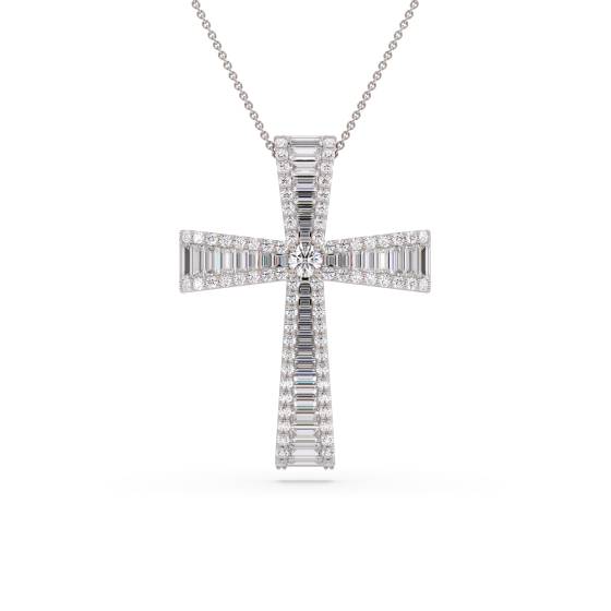 Classic Round and Baguette Diamond Cross Pendant