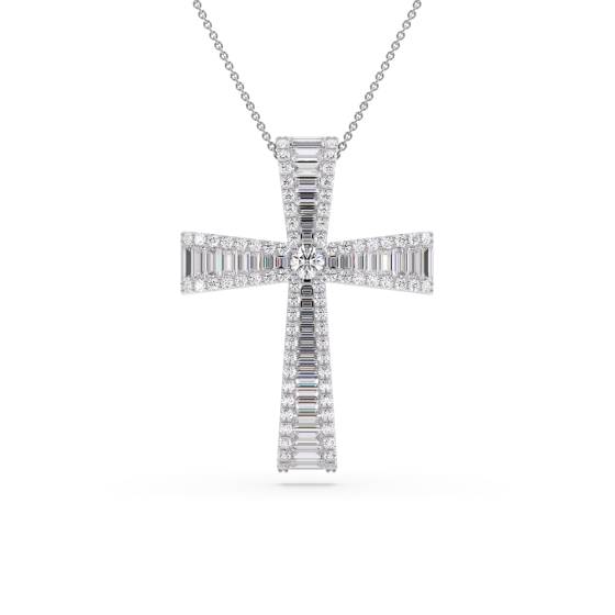 Classic Round and Baguette Diamond Cross Pendant