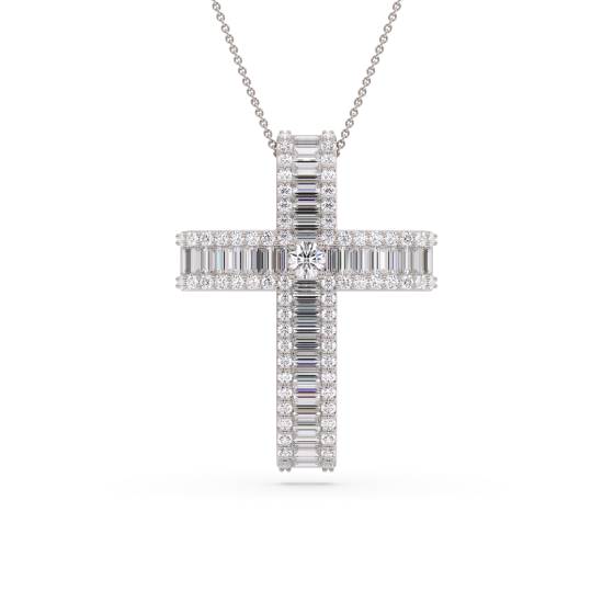 Classic Round and Baguette Diamond Cross Pendant