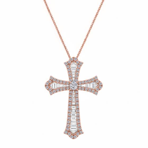 Classic Round and Baguette Diamond Cross Pendant