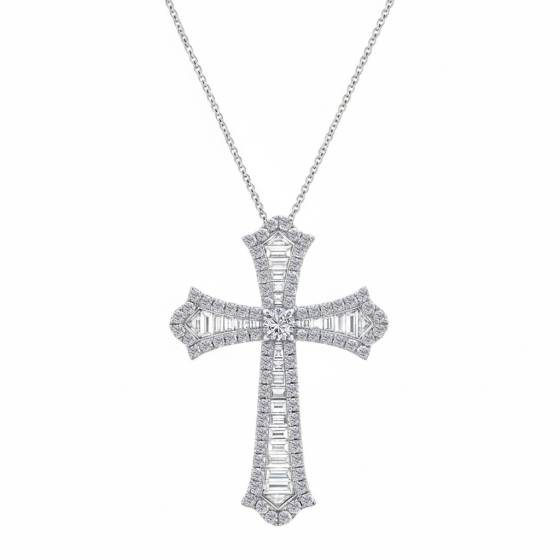 Classic Round and Baguette Diamond Cross Pendant