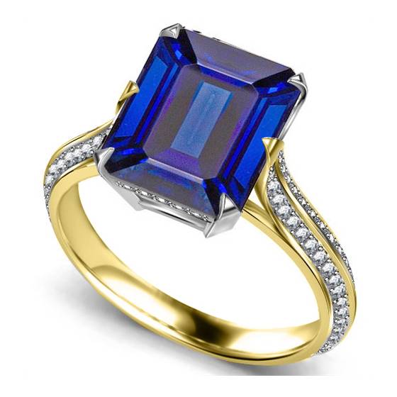 Vintage-Ring mit Messerkantenschliff, blauem Saphir, Smaragd und rundem Diamanten