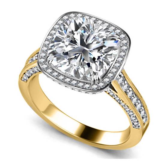 2ct VVS2/D Lab Grown Cushion Diamond Fancy Halo Shoulder Set Ring in 18k Yellow Gold
