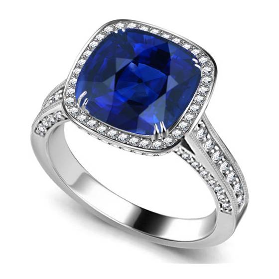 Kissenförmiger Ring mit blauem Saphir und Diamanten, einzelner Halo