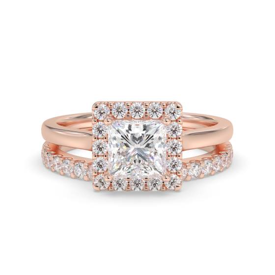 Prinzessinnen-Diamant-Halo-Ring mit passendem Band