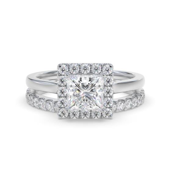 Prinzessinnen-Diamant-Halo-Ring mit passendem Band