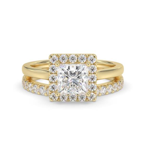 Prinzessinnen-Diamant-Halo-Ring mit passendem Band
