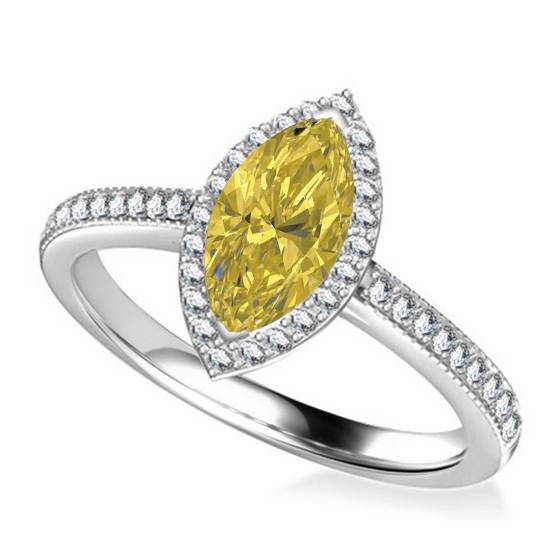 Ring mit gelbem Marquise-Diamanten und Halo-Schulterfassung