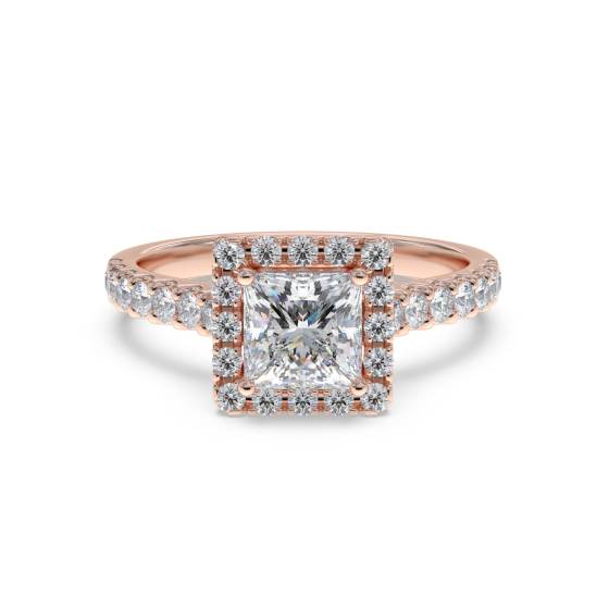 Prinzess-Diamant-Ring mit einzelnem Halo und Schulterfassung