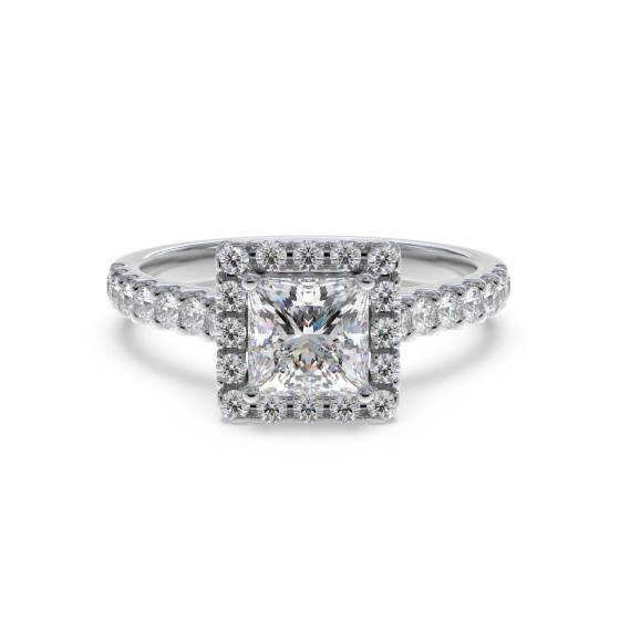 Prinzess-Diamant-Ring mit einzelnem Halo und Schulterfassung