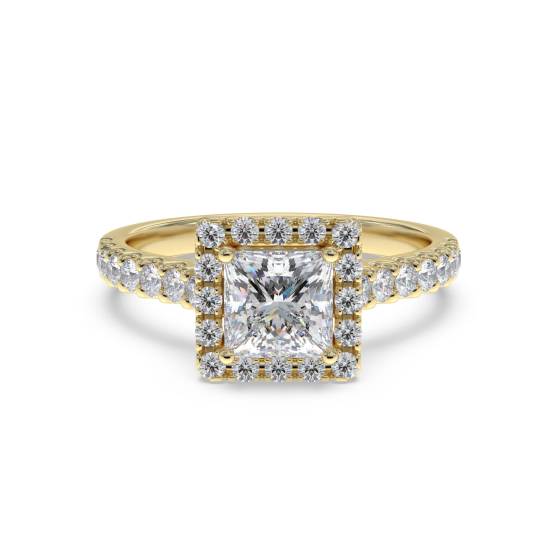 Prinzess-Diamant-Ring mit einzelnem Halo und Schulterfassung