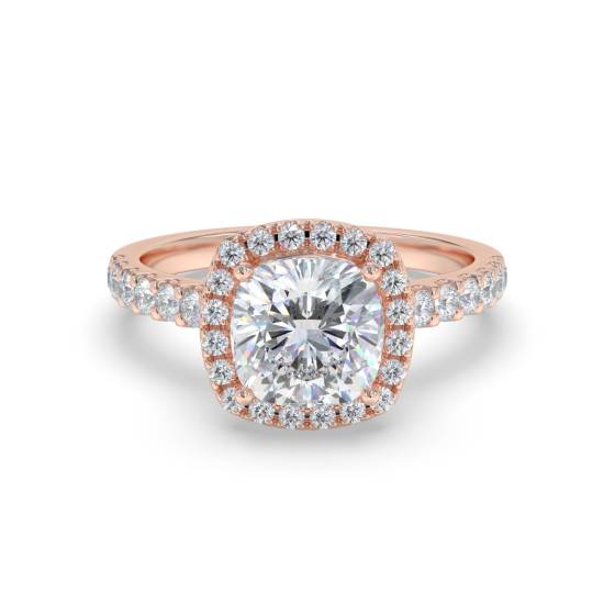 Kissenförmiger Diamantring mit Halo-Schulterfassung