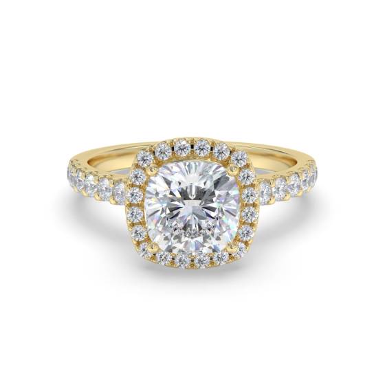 Kissenförmiger Diamantring mit Halo-Schulterfassung