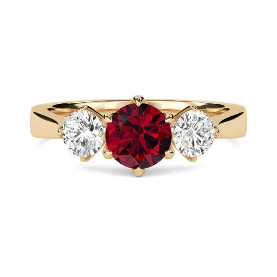Dreisteiniger Rubin-/Diamantring mit Schulterdiamanten