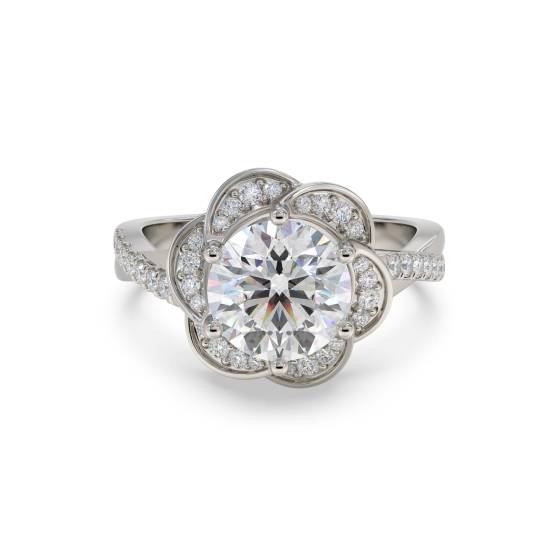 Unendlichkeitsring mit floralem Halo und rundem Diamanten