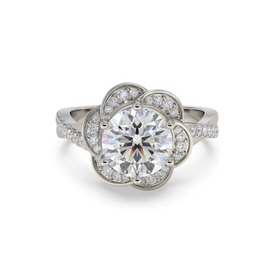 Unendlichkeitsring mit floralem Halo und rundem Diamanten