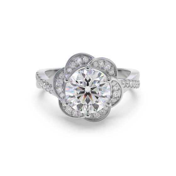 Unendlichkeitsring mit floralem Halo und rundem Diamanten