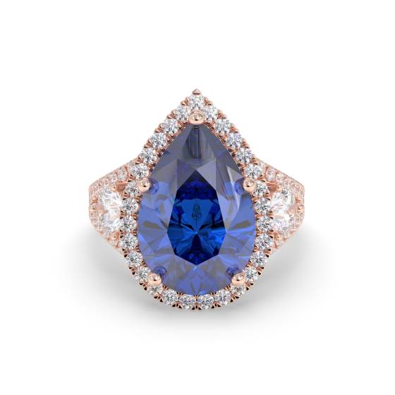 Birnenförmiger blauer Saphir-Diamant-Ring mit geteilter Schulterfassung