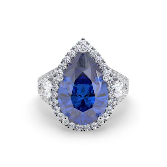 Birnenförmiger blauer Saphir-Diamant-Ring mit geteilter Schulterfassung