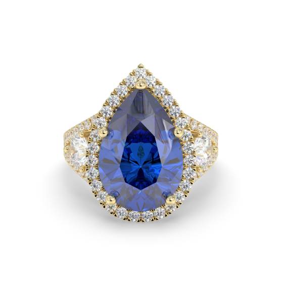 Birnenförmiger blauer Saphir-Diamant-Ring mit geteilter Schulterfassung
