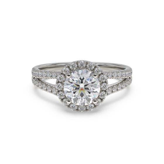 Runder Diamantring mit einzelner Halo-Fassung an der Schulter