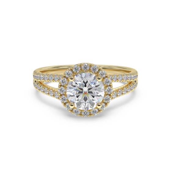 Runder Diamantring mit einzelner Halo-Fassung an der Schulter