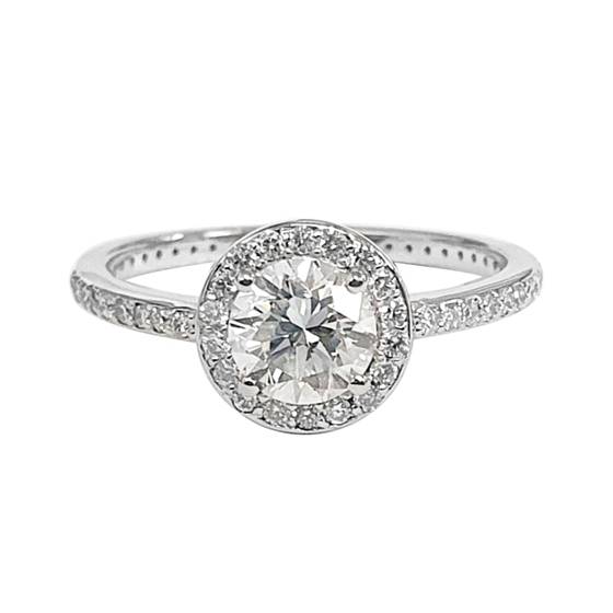 0.60ct VVS/E Natural Round Diamond Halo Shoulder Set Ring in 18k White Gold