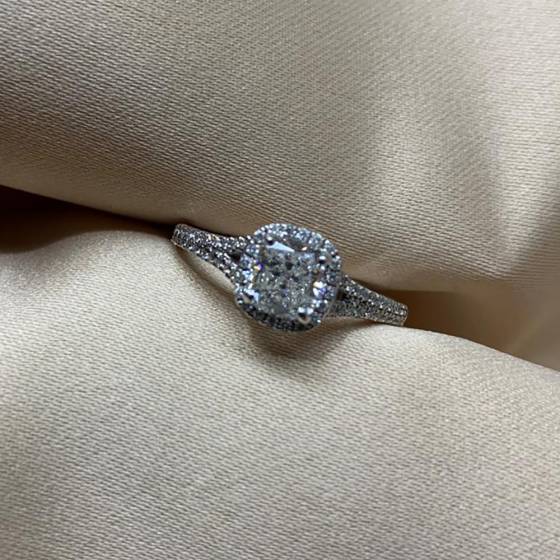 1.10ct SI1/H Natural Cushion Cut Diamond Halo Ring in 18k White Gold