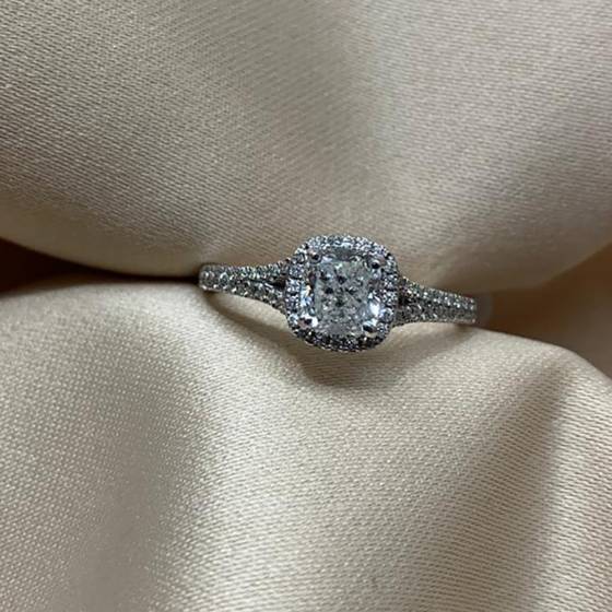 1.10ct SI1/H Natural Cushion Cut Diamond Halo Ring in 18k White Gold