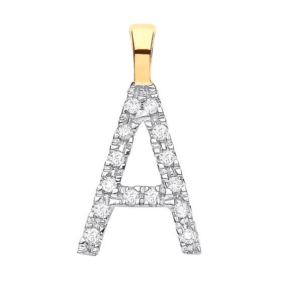 Anhänger mit dem Anfangsbuchstaben A, besetzt mit Diamanten, in 9-karätigem Gelbgold