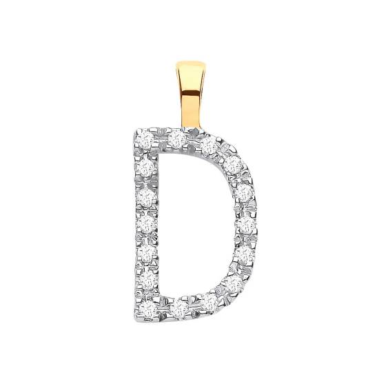 Anhänger mit dem Buchstaben D, besetzt mit Diamanten, in 9-karätigem Gelbgold