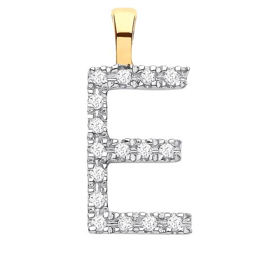 Anhänger mit dem Buchstaben E, besetzt mit Diamanten, in 9-karätigem Gelbgold