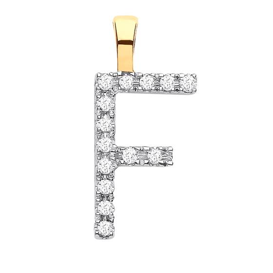 Anhänger mit dem Buchstaben F, besetzt mit Diamanten, in 9-karätigem Gelbgold