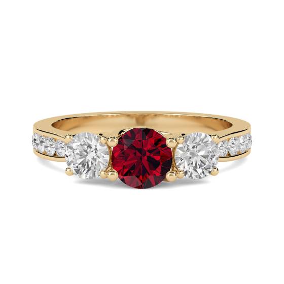 Dreisteiniger Rubin-/Diamantring mit Schulterdiamanten