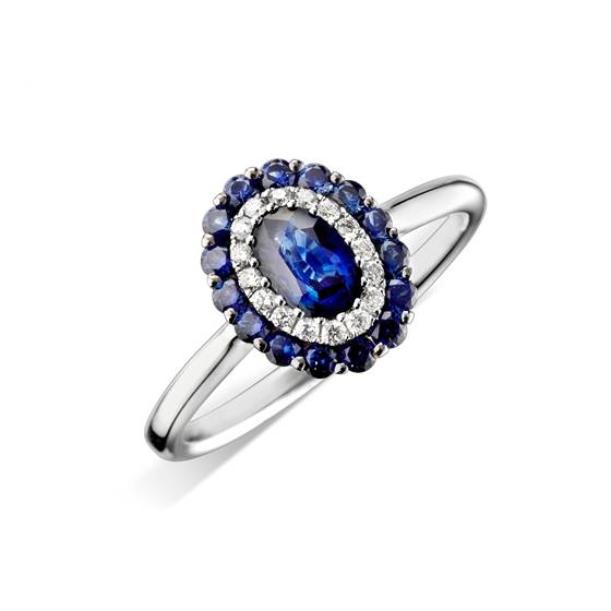 Verlobungsring mit blauem Saphir und Diamant-Halo