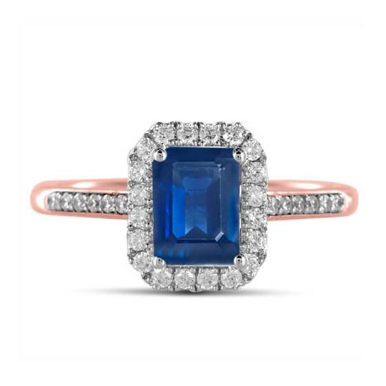 Smaragdblauer Saphir- und Diamant-Halo-Ring